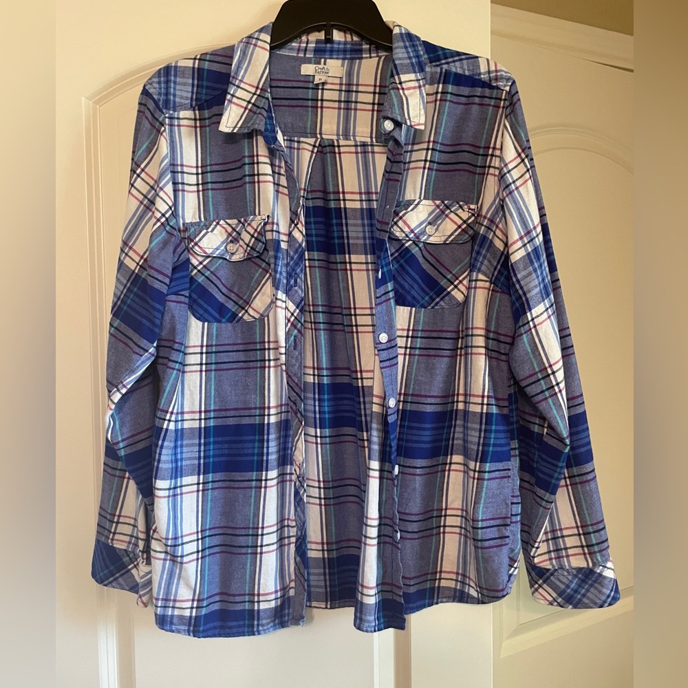Women's Blue Plaid extra soft button down shirt size XL